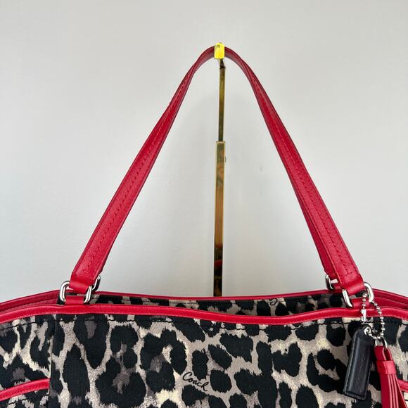 COACH Leopard Print Canvas Red Leather Tote Shoulder Purse Bag Authentic - Picture 10 of 16